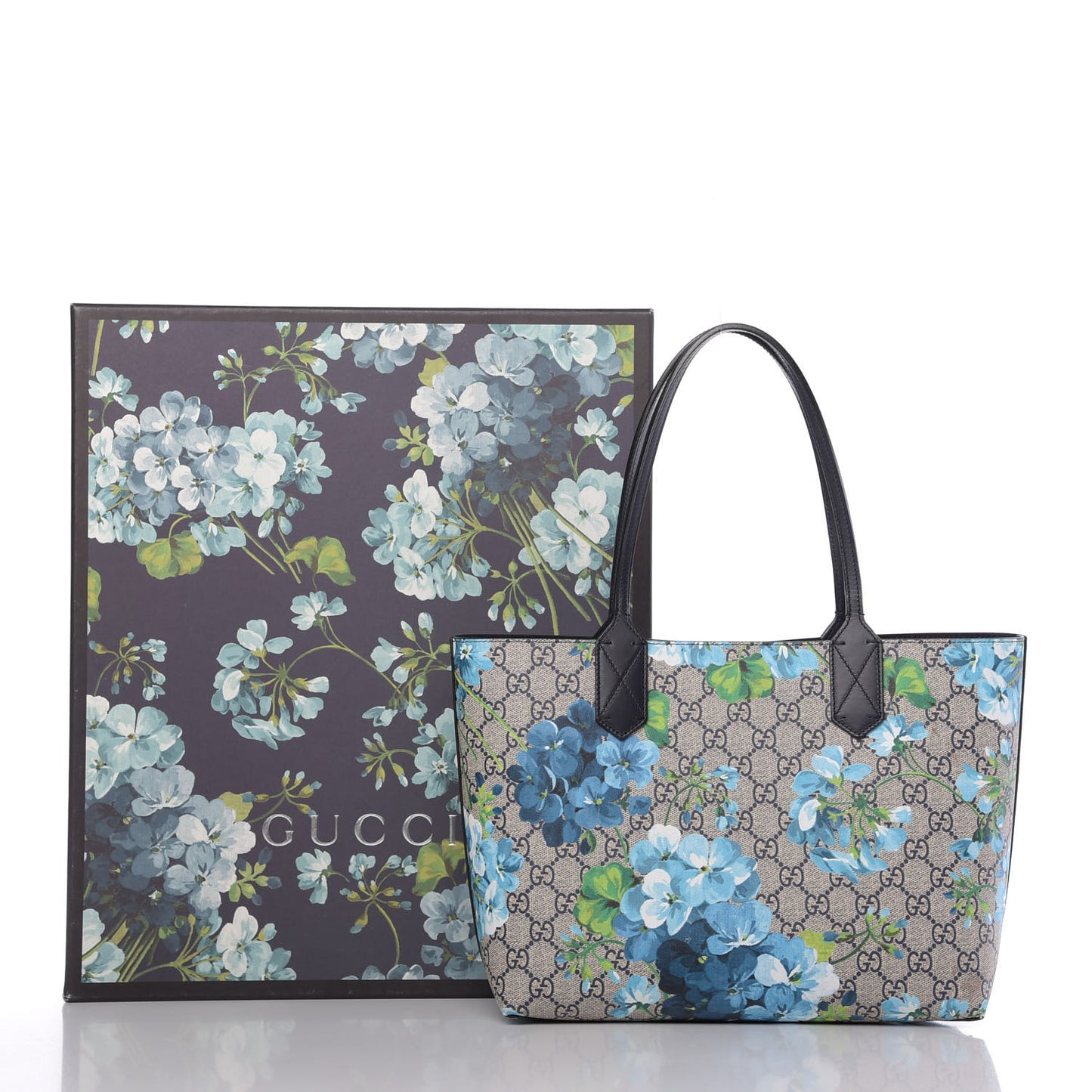 GG Supreme Monogram Blooms Small Reversible Tote Beige Blue Navy