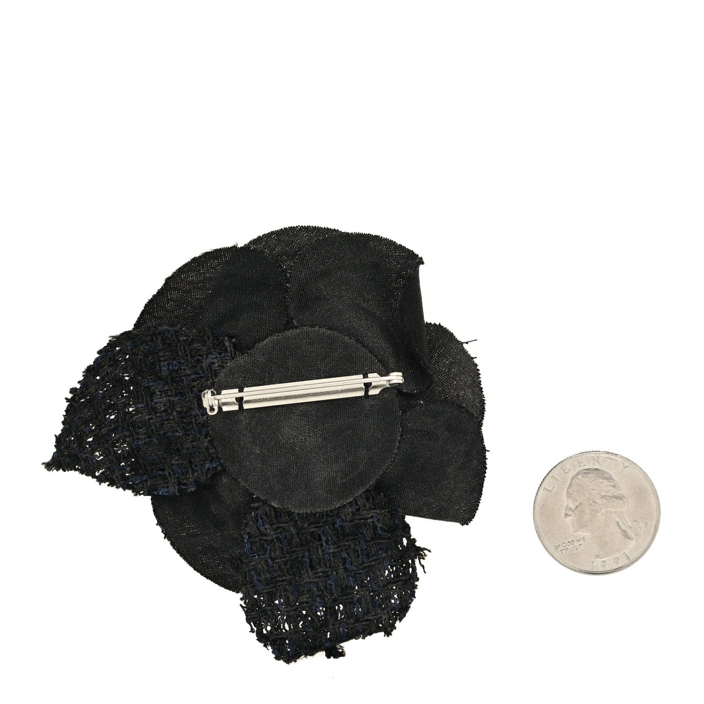 Tweed Fabric Camellia Pin Brooch Black