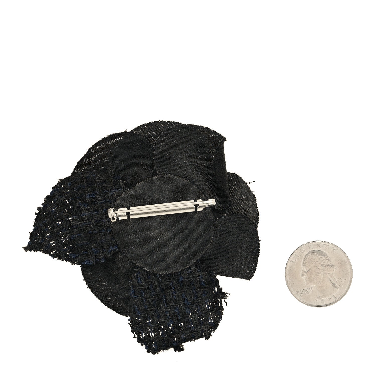 Chanel Tweed Fabric Camellia Pin Brooch Black 2 of 3