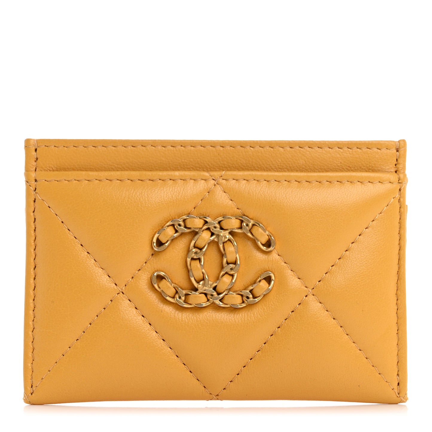 Lambskin Quilted Chanel 19 Card Holder Yellow