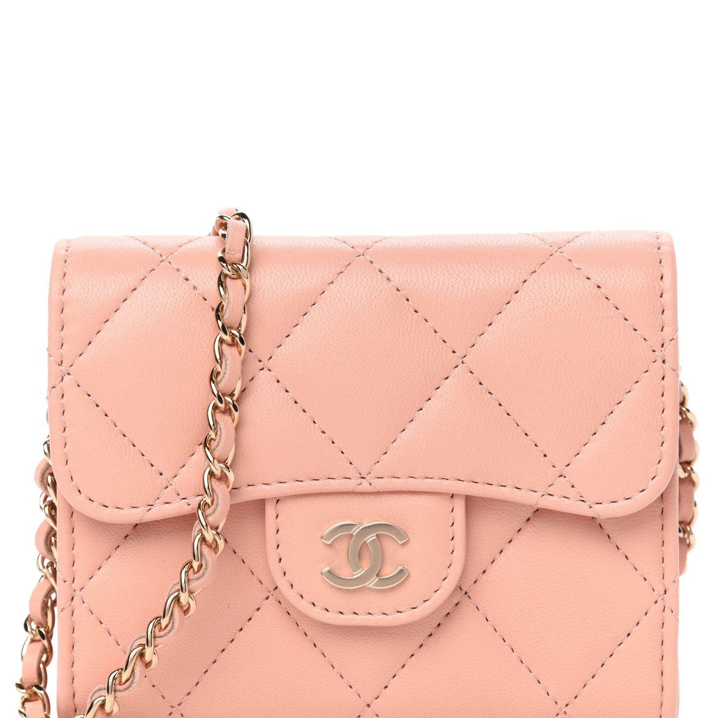 Lambskin Quilted Flap Card Holder On Chain Light Pink