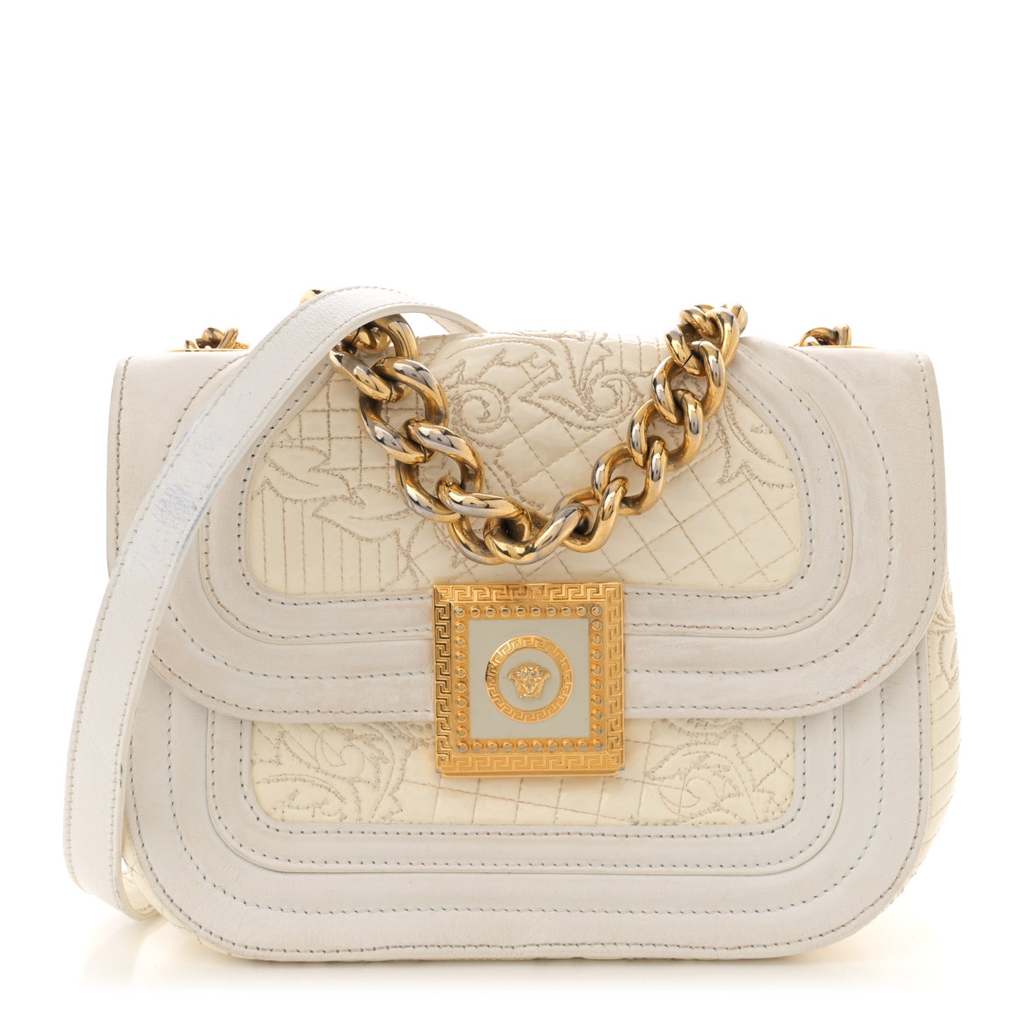 Patent Quilted Medusa Chain Shoulder Bag White