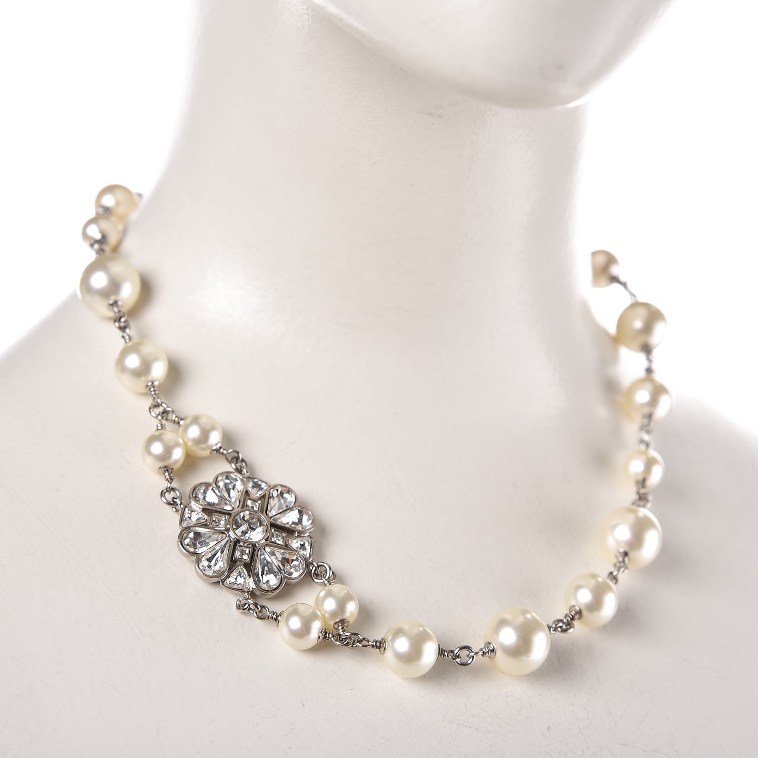 Chanel Pearl Crystal CC Short Necklace Silver 2 of 7