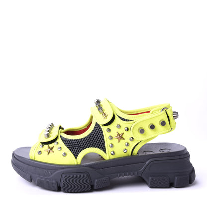 Gucci Technical Canvas Calfskin Studded Mens Aguru Sandals 7 Neon Yellow 1 of 9