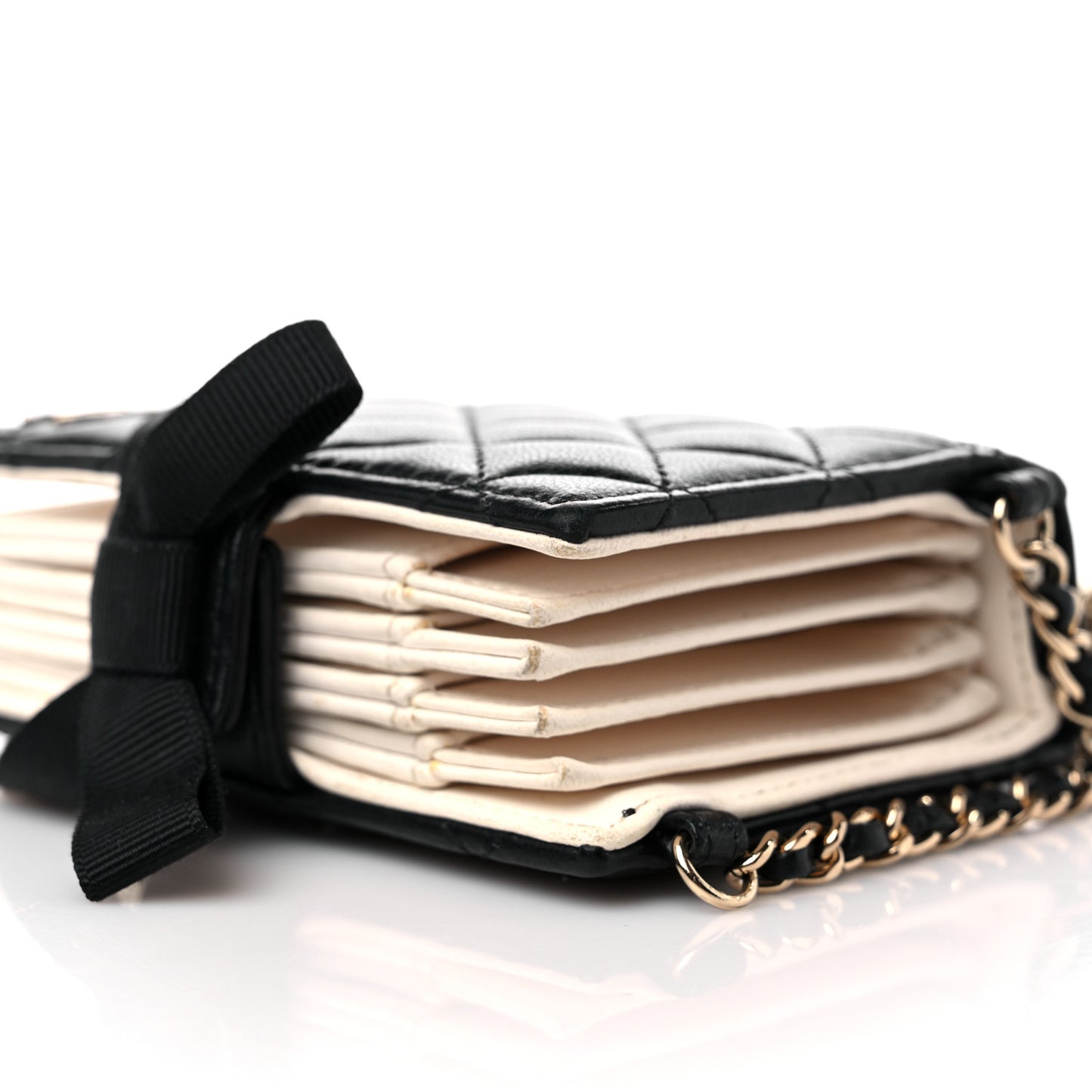 Lambskin Quilted Book Card Holder on Chain Black