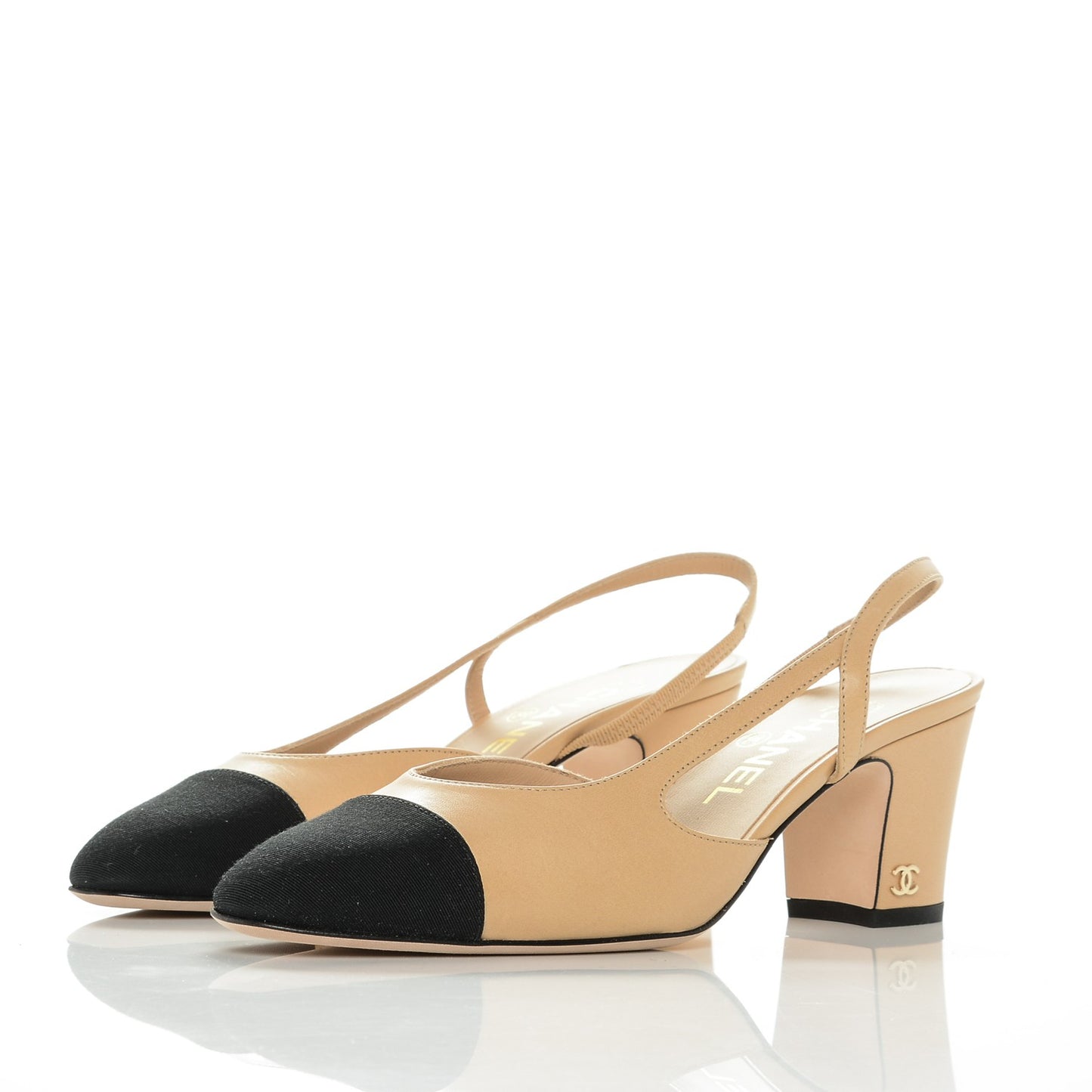 Goatskin Grosgrain Cap Toe CC Slingback Sandals 36.5 Beige Black