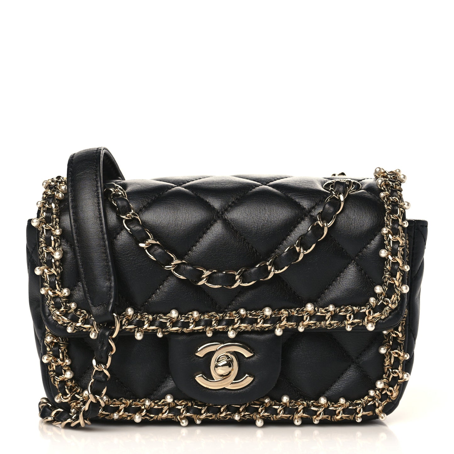 Lambskin Quilted Pearl Edge Mini Rectangular Flap Bag Black