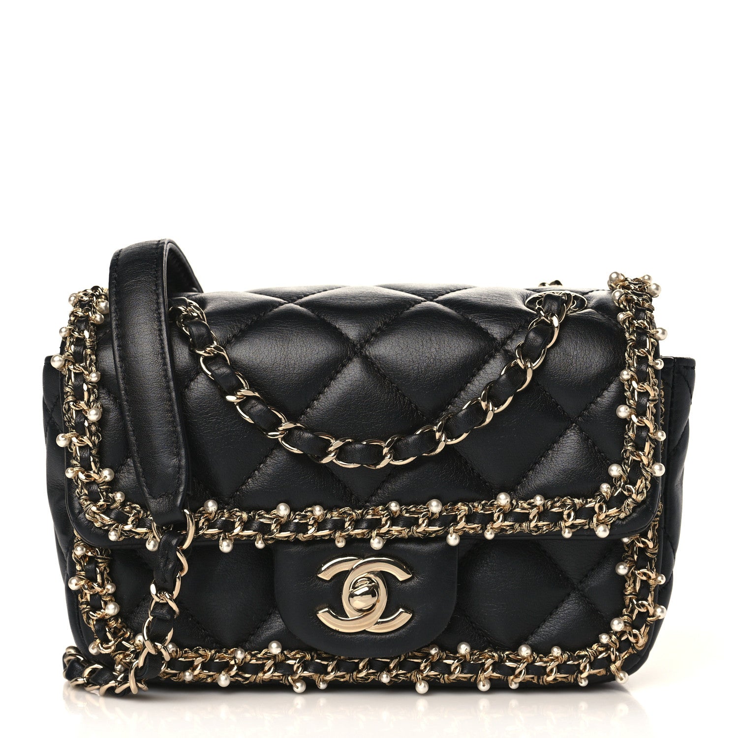 Chanel Lambskin Quilted Pearl Edge Mini Rectangular Flap Bag Black 1 of 9