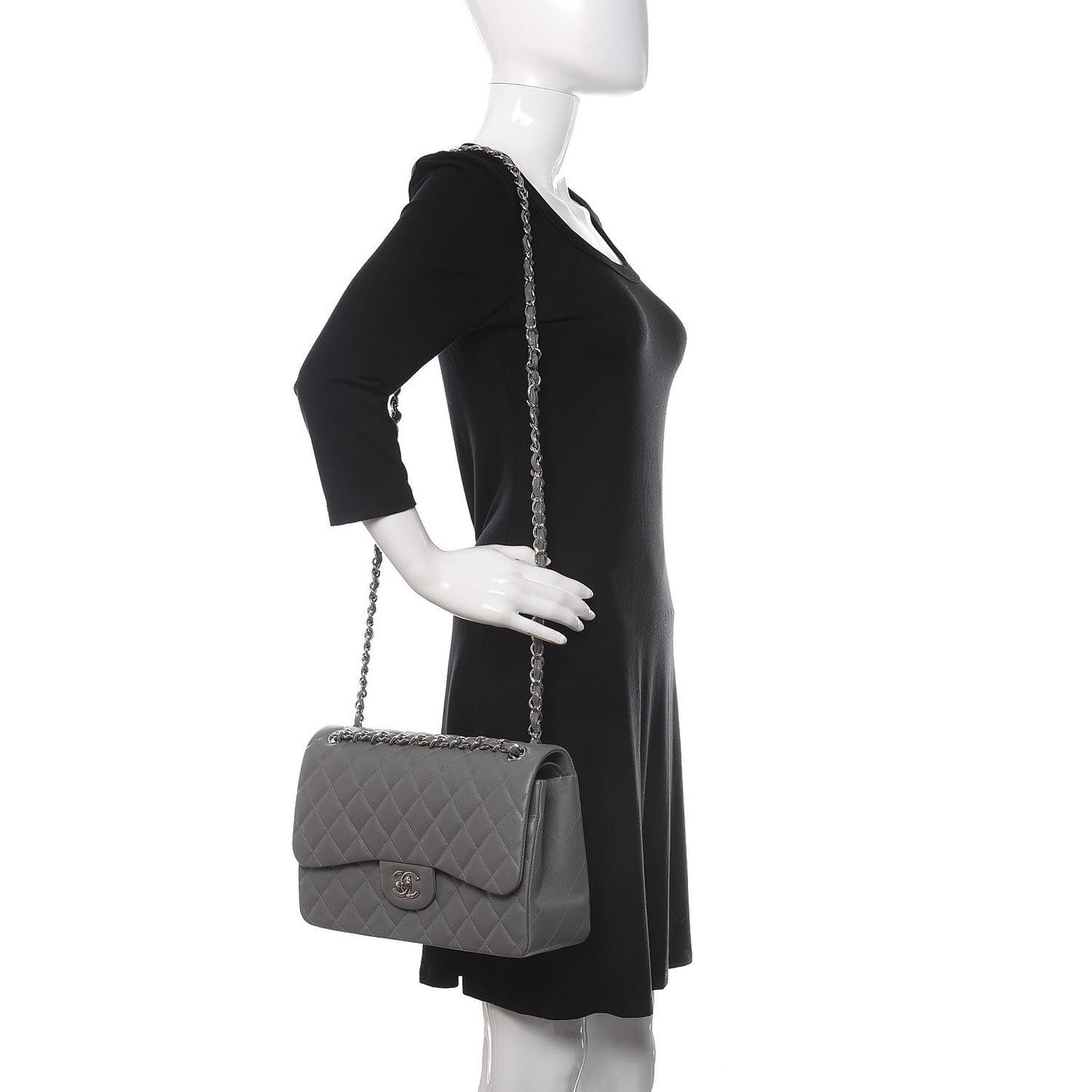 Caviar Quilted Jumbo Double Flap Dark Grey