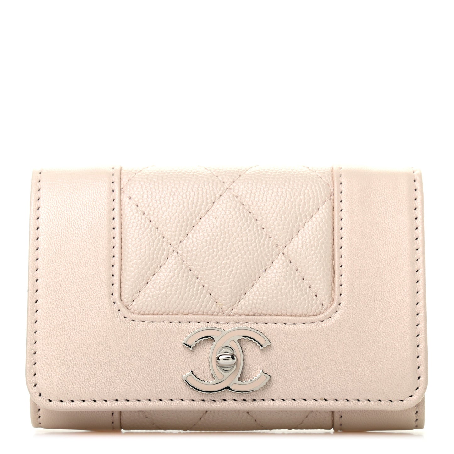 Caviar Chevron Quilted Vintage Mademoiselle Flap Card Holder Beige