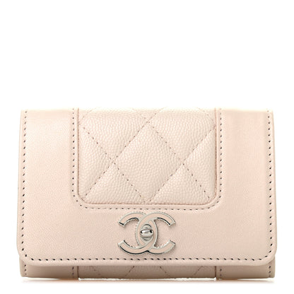 Chanel Caviar Chevron Quilted Vintage Mademoiselle Flap Card Holder Beige 1 of 6
