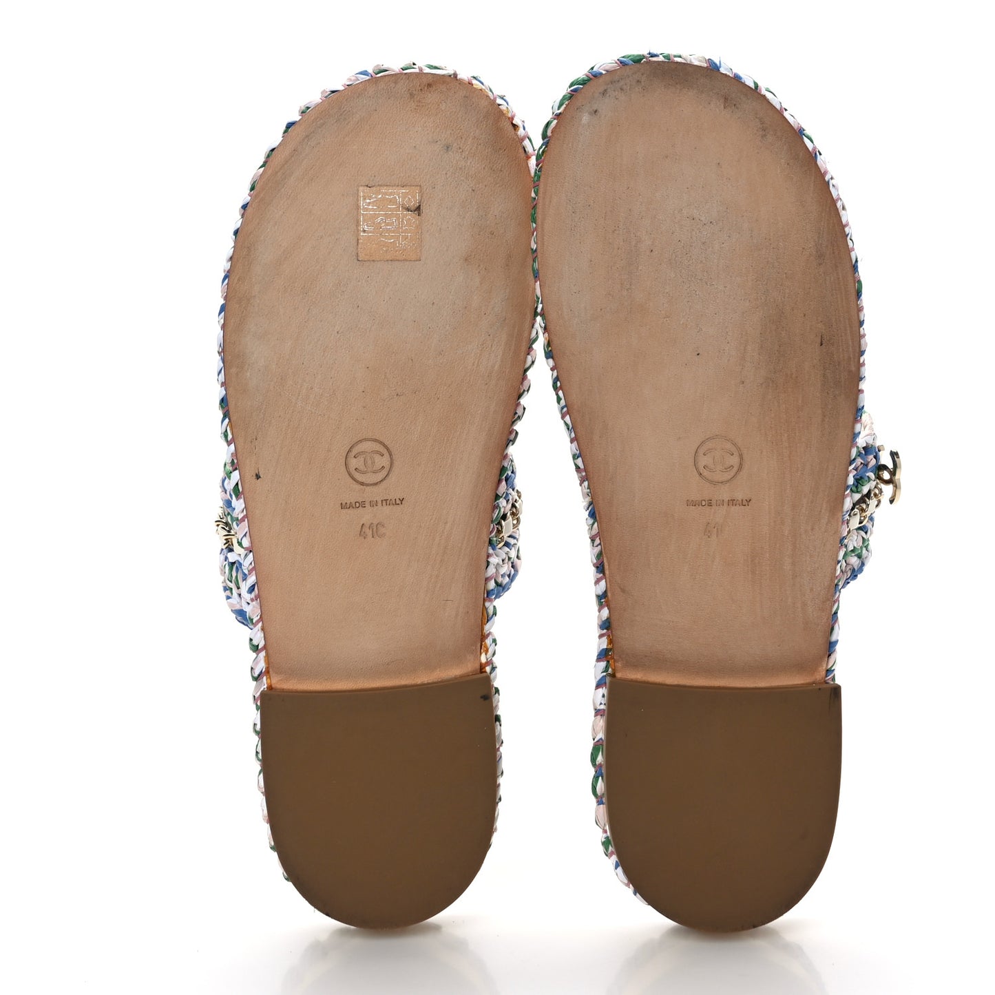 Raffia Lambskin Woven Chain CC Toe Ring Sandals 41 Blue Pink