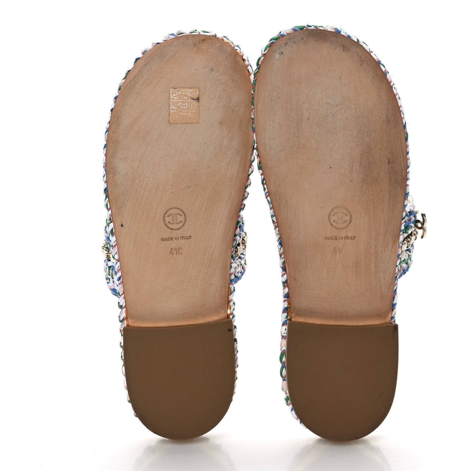 Chanel Raffia Lambskin Woven Chain CC Toe Ring Sandals 41 Blue Pink 5 of 8