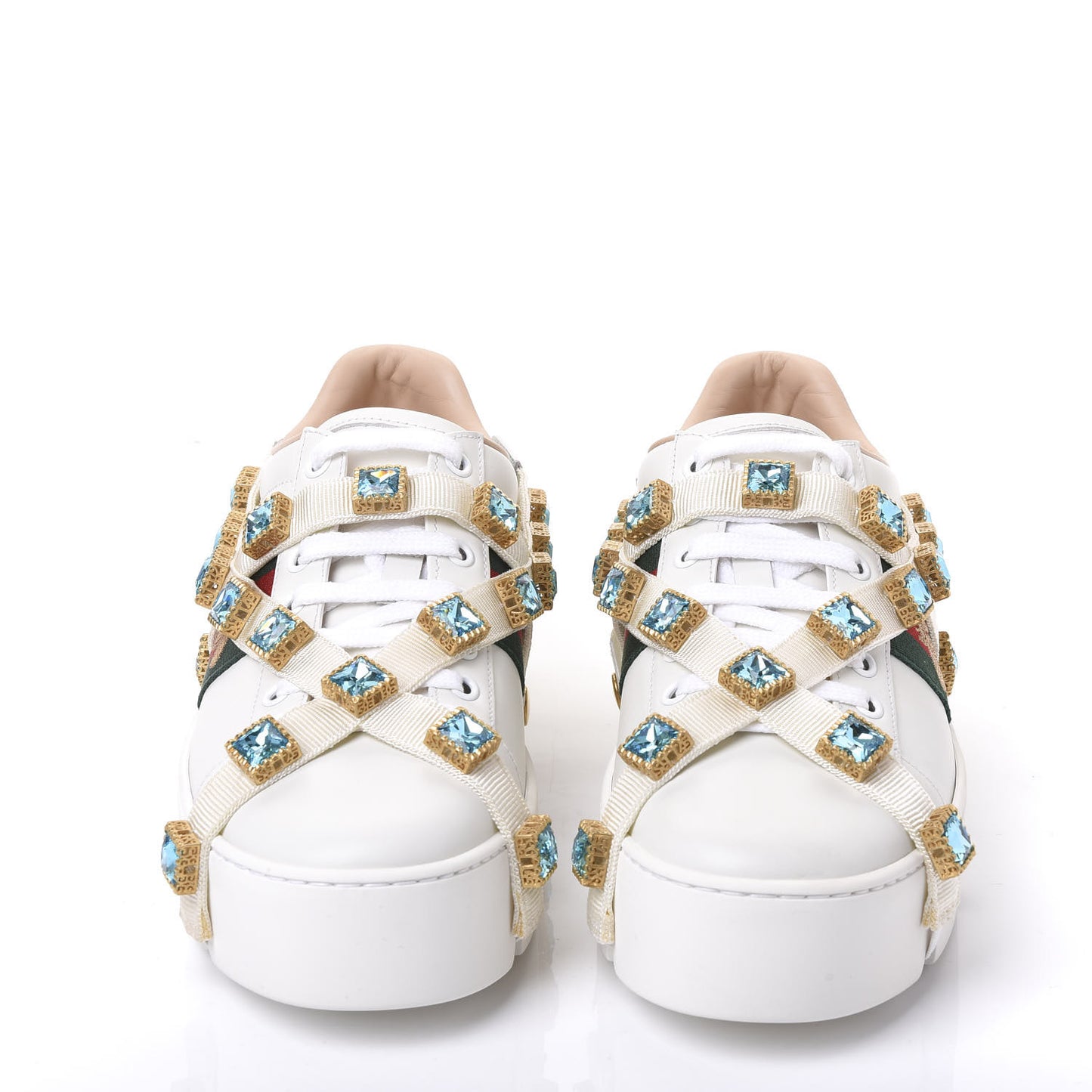 Calfskin Removable Crystals Bee Embroidered Womens Ace Platform Sneakers 37.5 White