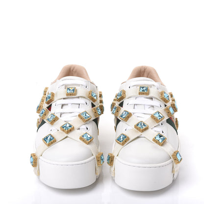 Gucci Calfskin Removable Crystals Bee Embroidered Womens Ace Platform Sneakers 37.5 White 3 of 9