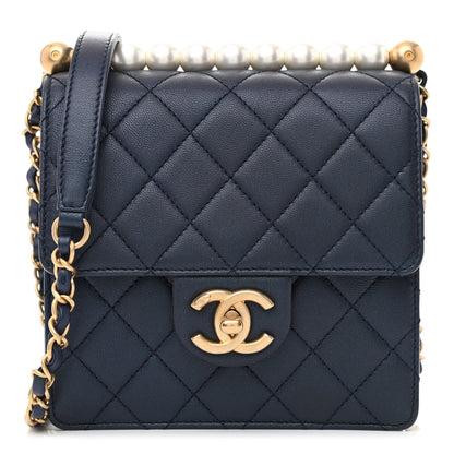 Chanel Iridescent Lambskin Quilted Chic Pearls Flap Navy Blue 1 of 10