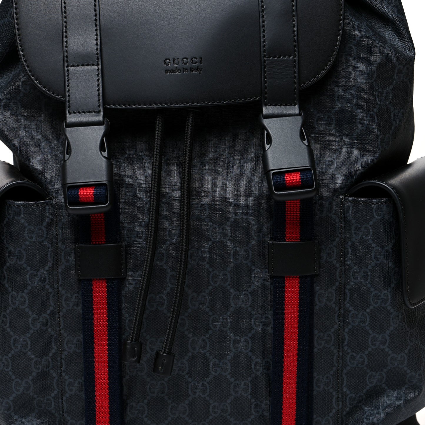 Soft GG Supreme Monogram Appia Calfskin Web Double Buckle Backpack Black