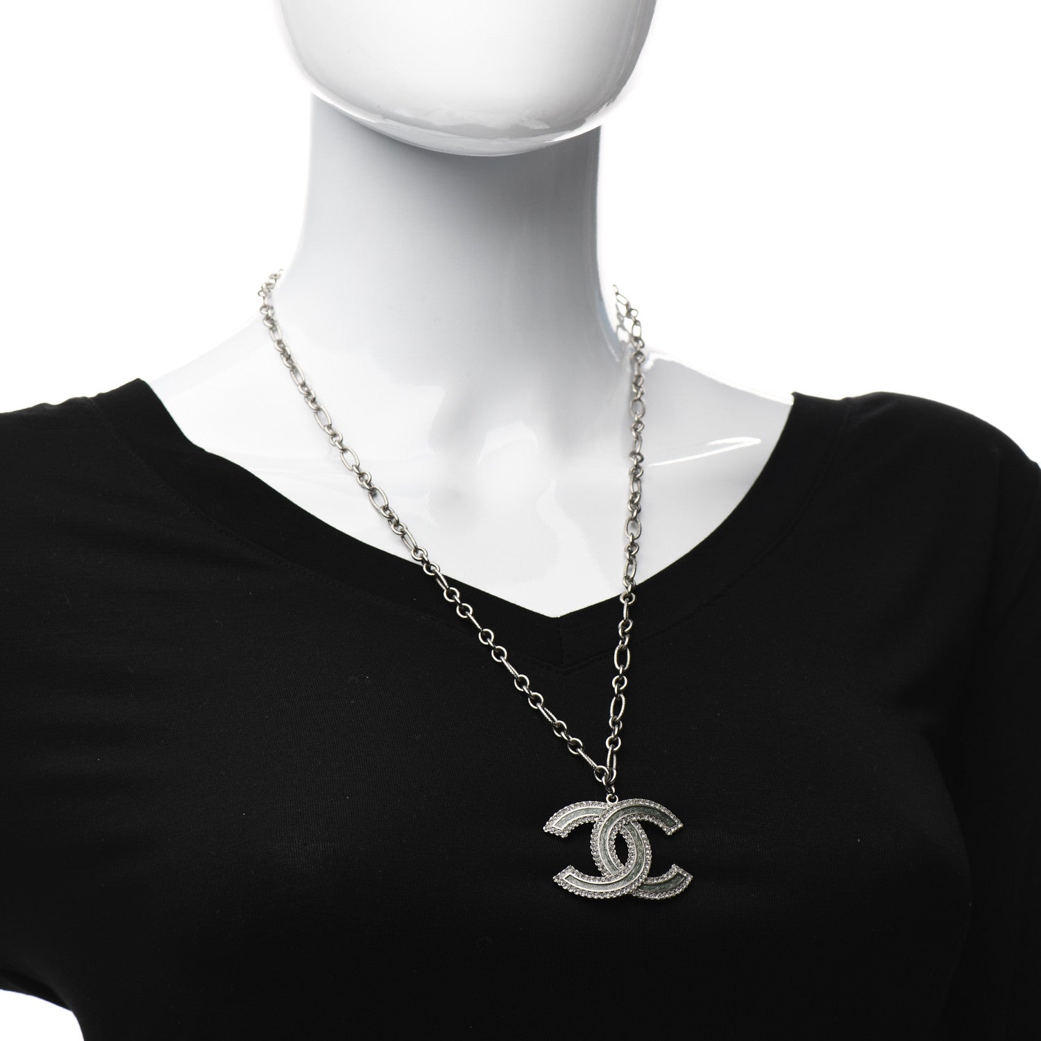 Chanel Crystal Glass CC Pendant Necklace Silver 3 of 5