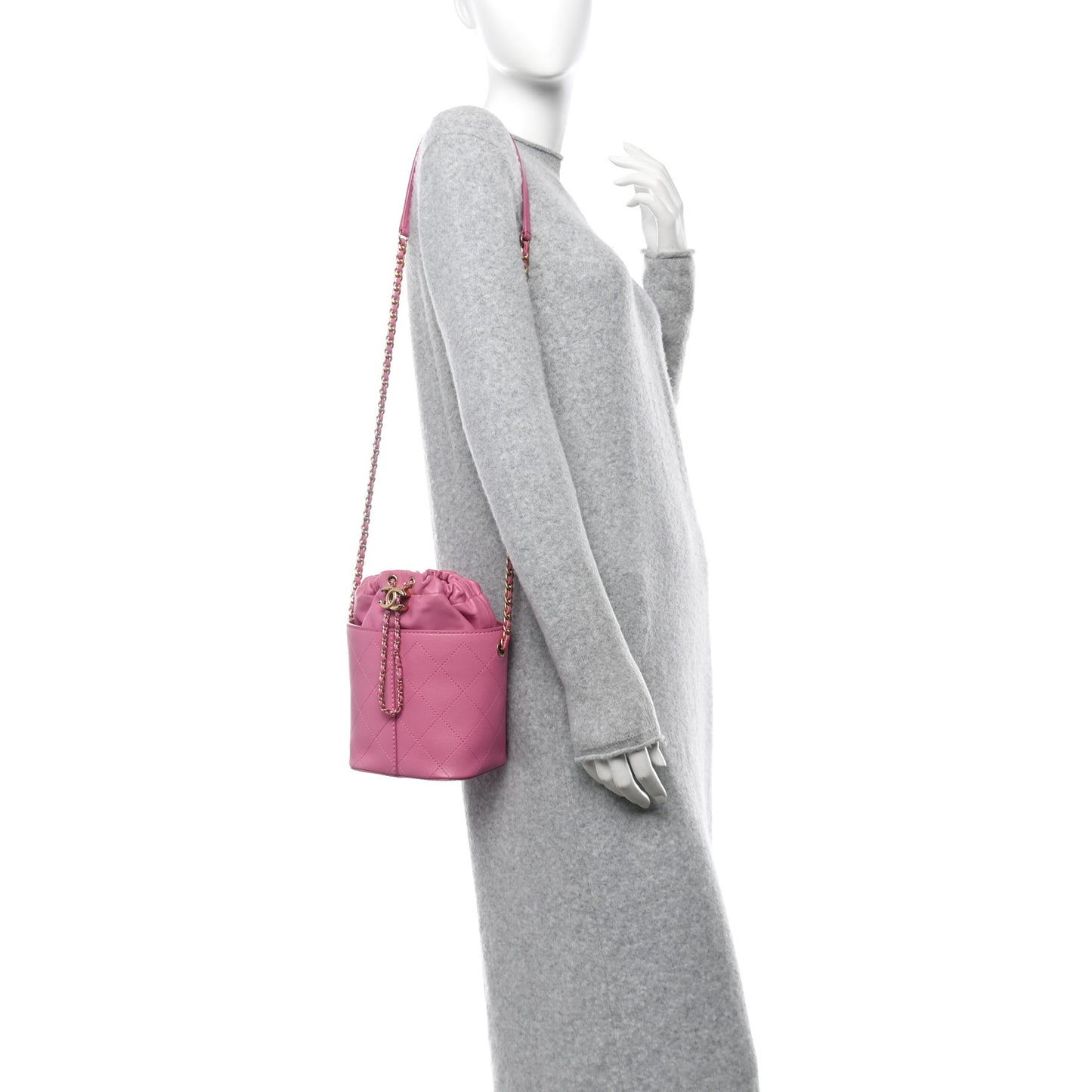 Calfskin Small CC Chain Bucket Drawstring Bag Pink