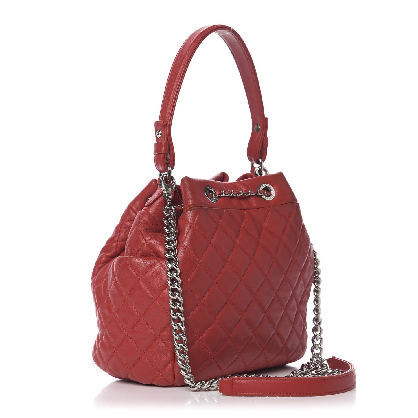 Lambskin Quilted Small CC Chain Drawstring Bucket Bag Red