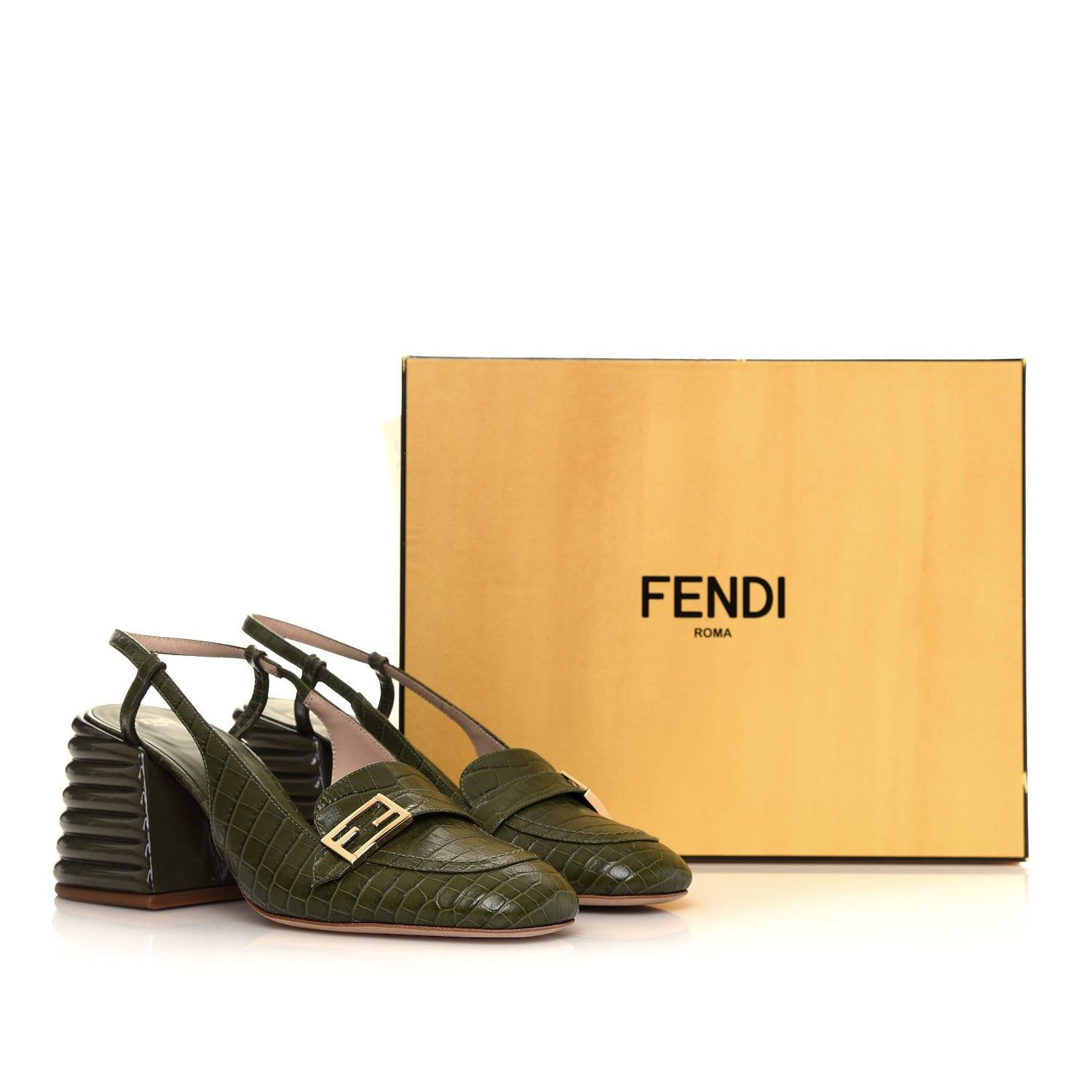 Fendi Calfskin Crocodile Embossed Promenade Slingback Loafer Pumps 39 Military Green 8 of 8