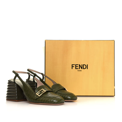 Fendi Calfskin Crocodile Embossed Promenade Slingback Loafer Pumps 39 Military Green 8 of 8