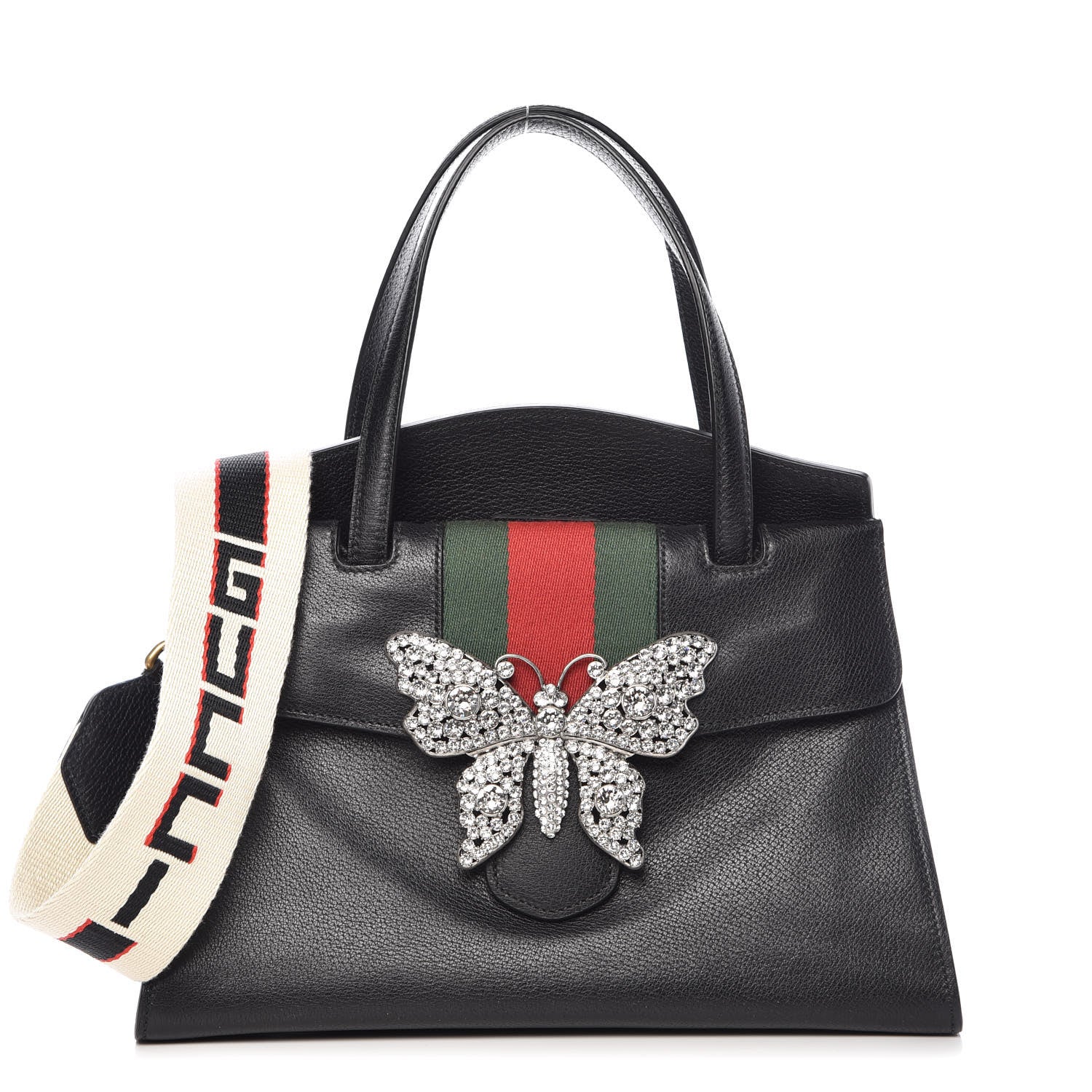 Gucci Grained Calfskin Web Crystal Butterfly Stripe Medium Totem Top Handle Bag Black 1 of 10