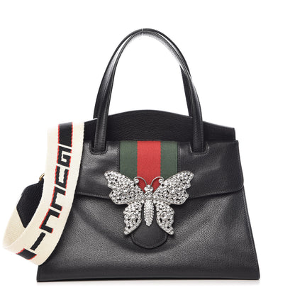 Gucci Grained Calfskin Web Crystal Butterfly Stripe Medium Totem Top Handle Bag Black 1 of 10
