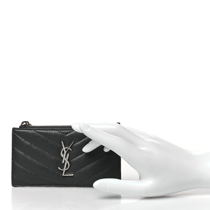 Saint Laurent Grain De Poudre Matelasse Chevron Monogram Fragments Zippered Card Case Fog 2 of 9