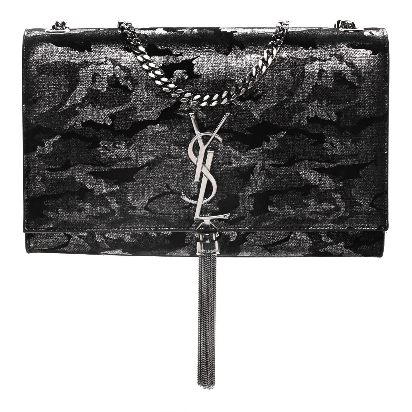 Metallic Fabric Camouflage Medium Classic Monogram Kate Tassel Satchel Black