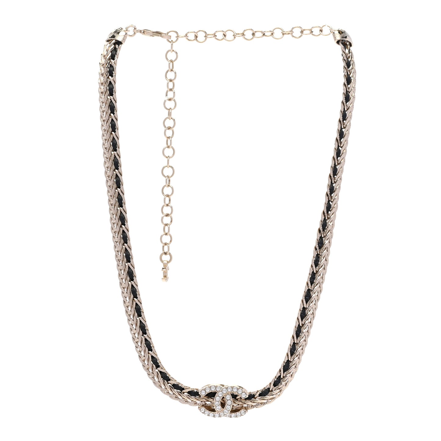 Metal Lambskin Crystal Chain CC Necklace Black Gold