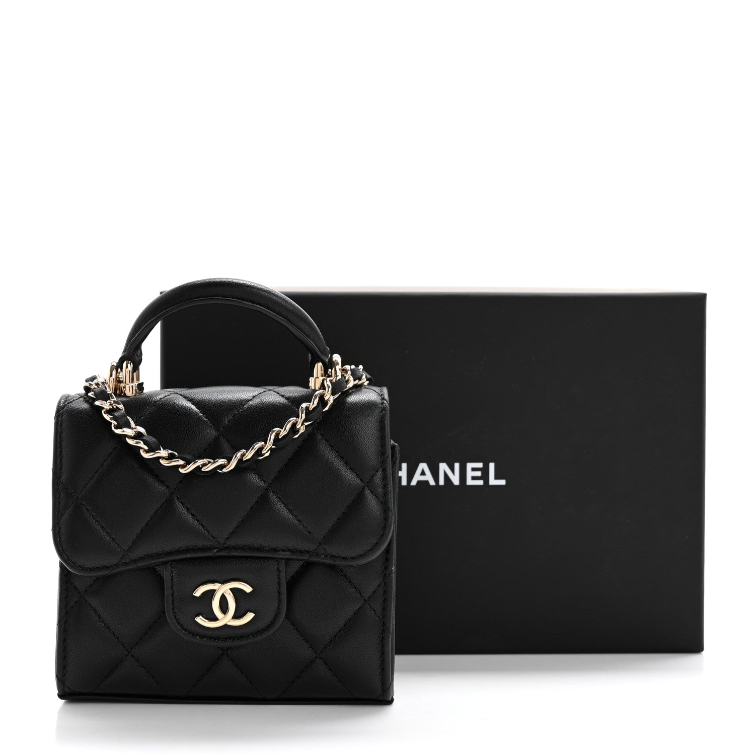 Chanel Lambskin Quilted Top Handle Flap Clutch With Chain Black 12 of 12