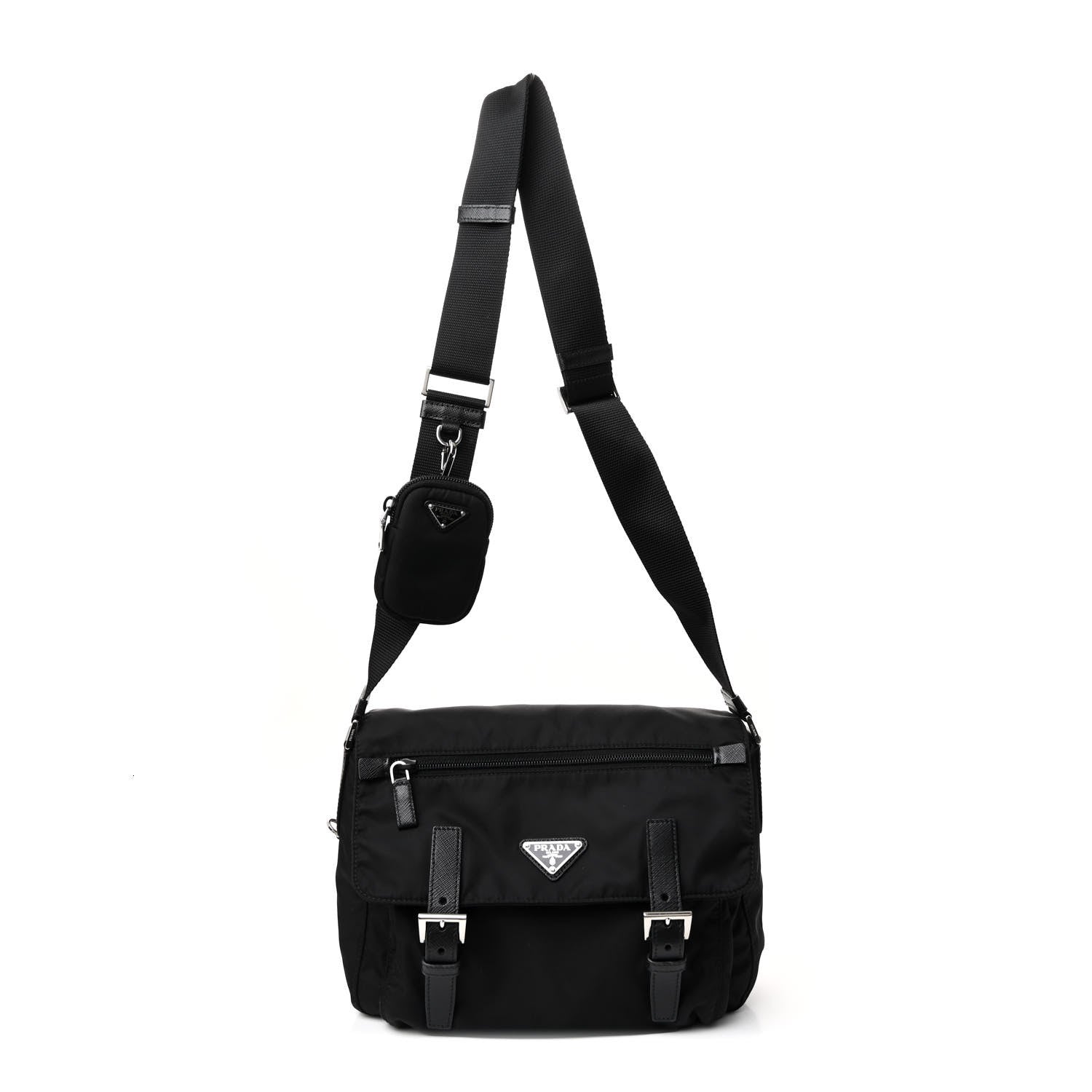 Prada Re-Nylon Vela Saffiano Pocket Double Buckle Messenger Shoulder Bag Black 1 of 9