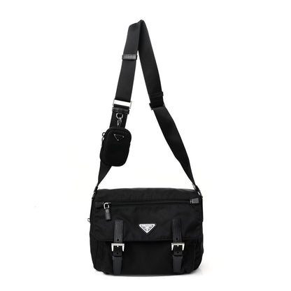 Prada Re-Nylon Vela Saffiano Pocket Double Buckle Messenger Shoulder Bag Black 1 of 9