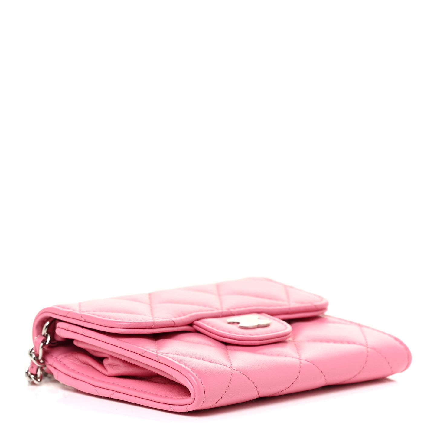 Lambskin Quilted Flap Card Holder On Chain Pink