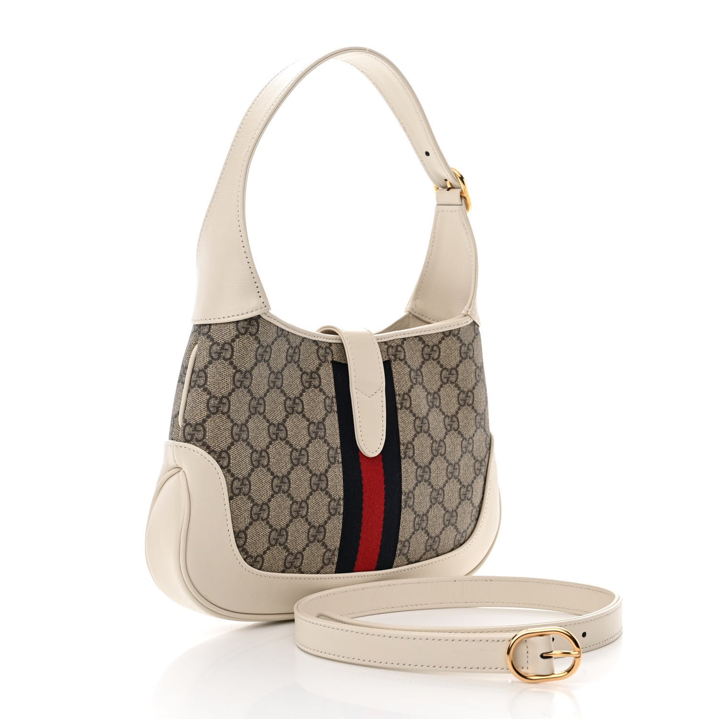 GG Supreme Monogram Azalea Calfskin Web Small Jackie 1961 Hobo Beige Ebony Mystic White