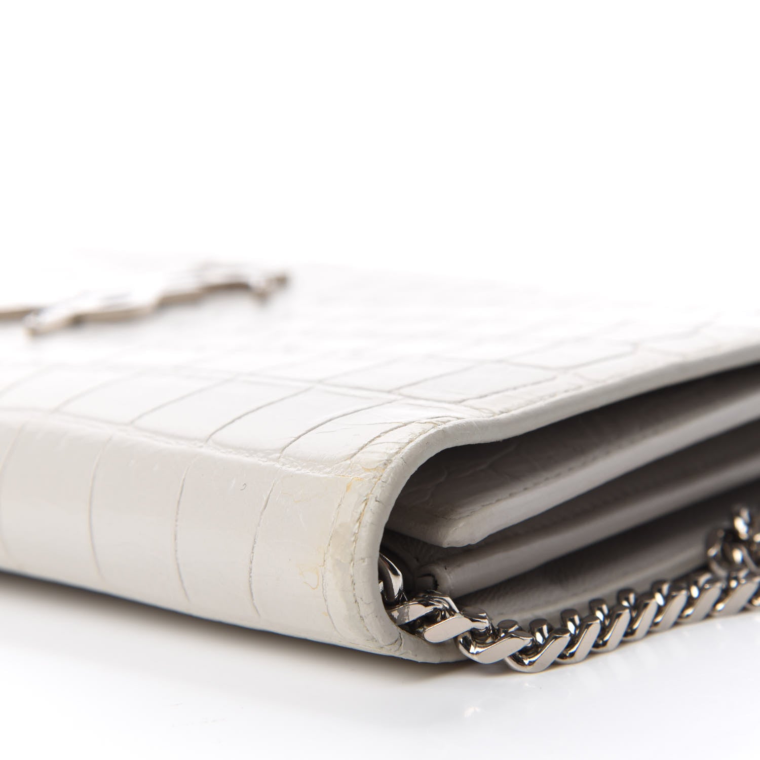 Saint Laurent Calfskin Crocodile Embossed Monogram Chain Wallet White 9 of 15