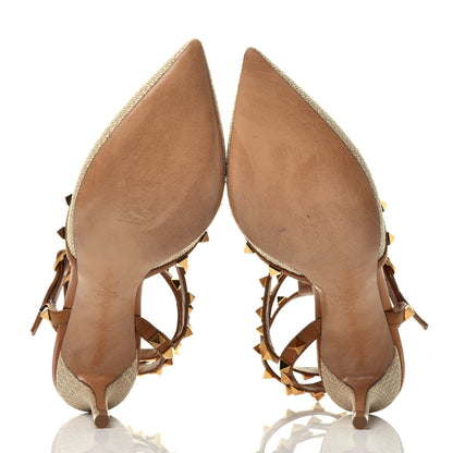 Valentino Garavani Raffia Calfskin Rockstud Ankle Strap 65mm Pumps 37.5 Natural Saddle Brown 5 of 8