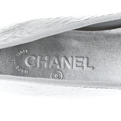 Chanel Laminated Crumpled Lambskin Grosgrain Cap Toe CC Ballerina Flats 41 Silver Black 8 of 11