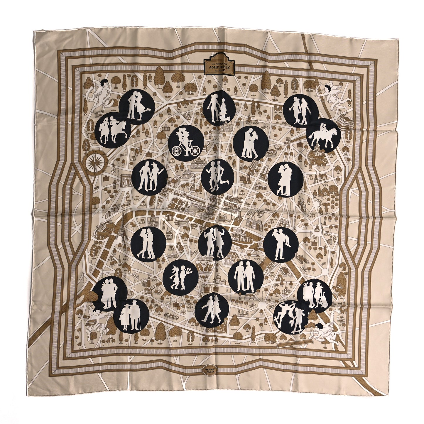 Silk Les Nouveaux Amoureux de Paris Scarf 90 Beige Black White