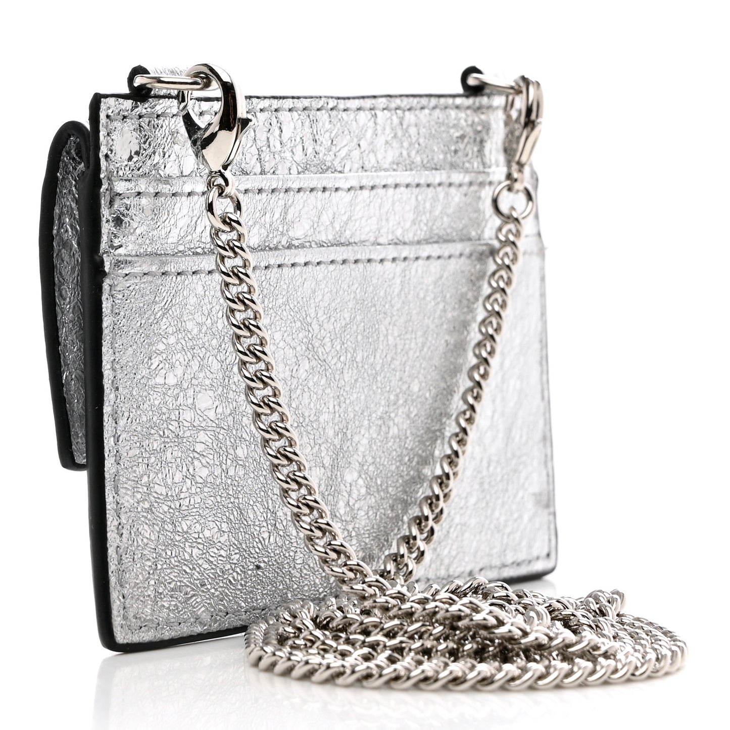 Metallic Lambskin Medusa Chain Card Holder Silver