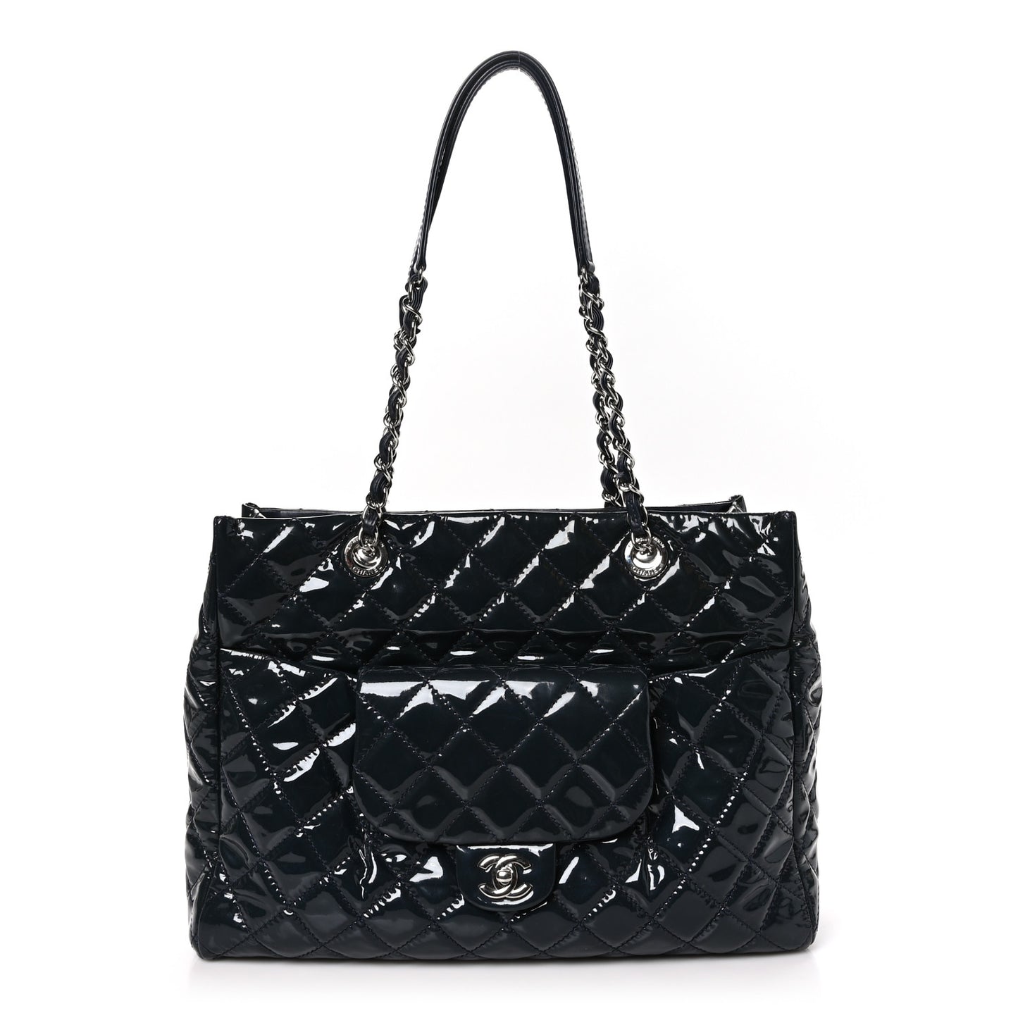 Patent Quilted Large Coco Shine Shopping Tote Navy