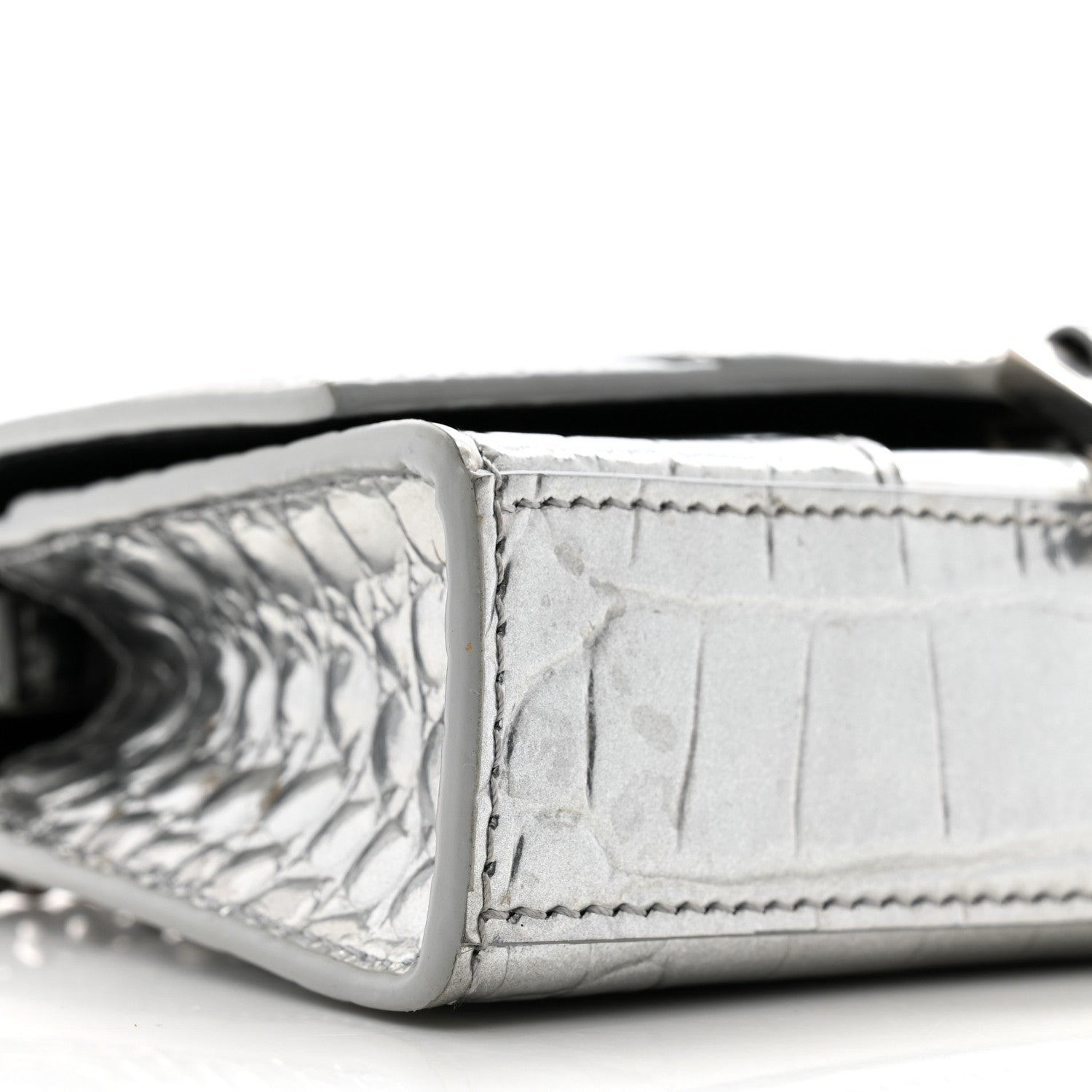 Balenciaga Shiny Calfskin Crocodile Embossed Hourglass Chain Bag Silver 8 of 12