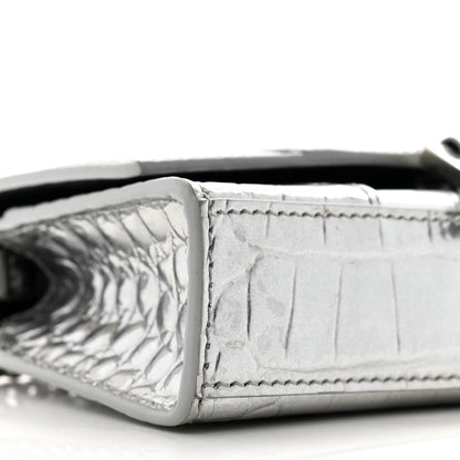 Balenciaga Shiny Calfskin Crocodile Embossed Hourglass Chain Bag Silver 8 of 12