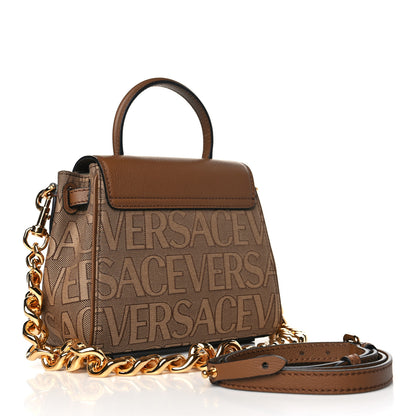 Versace Calfskin Canvas Allover La Medusa Small Top Handle Handbag Brown 3 of 8