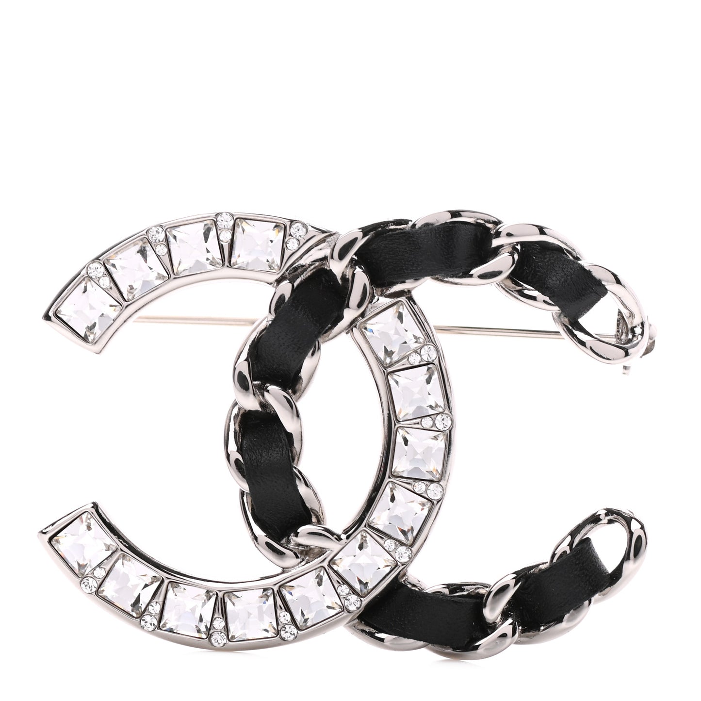 Lambskin Baguette Crystal CC Chain Brooch Black Silver