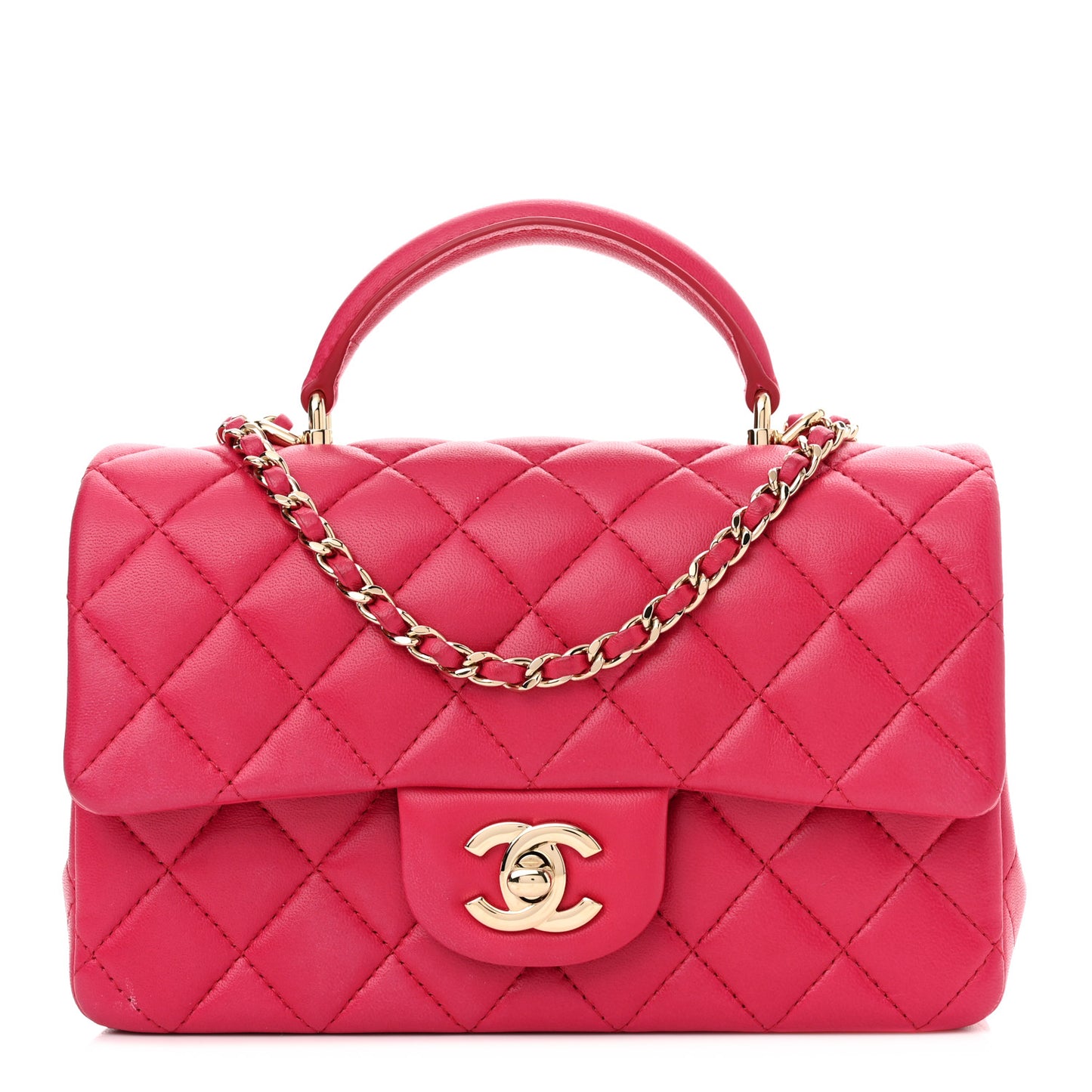 Lambskin Quilted Mini Top Handle Rectangular Flap Dark Pink