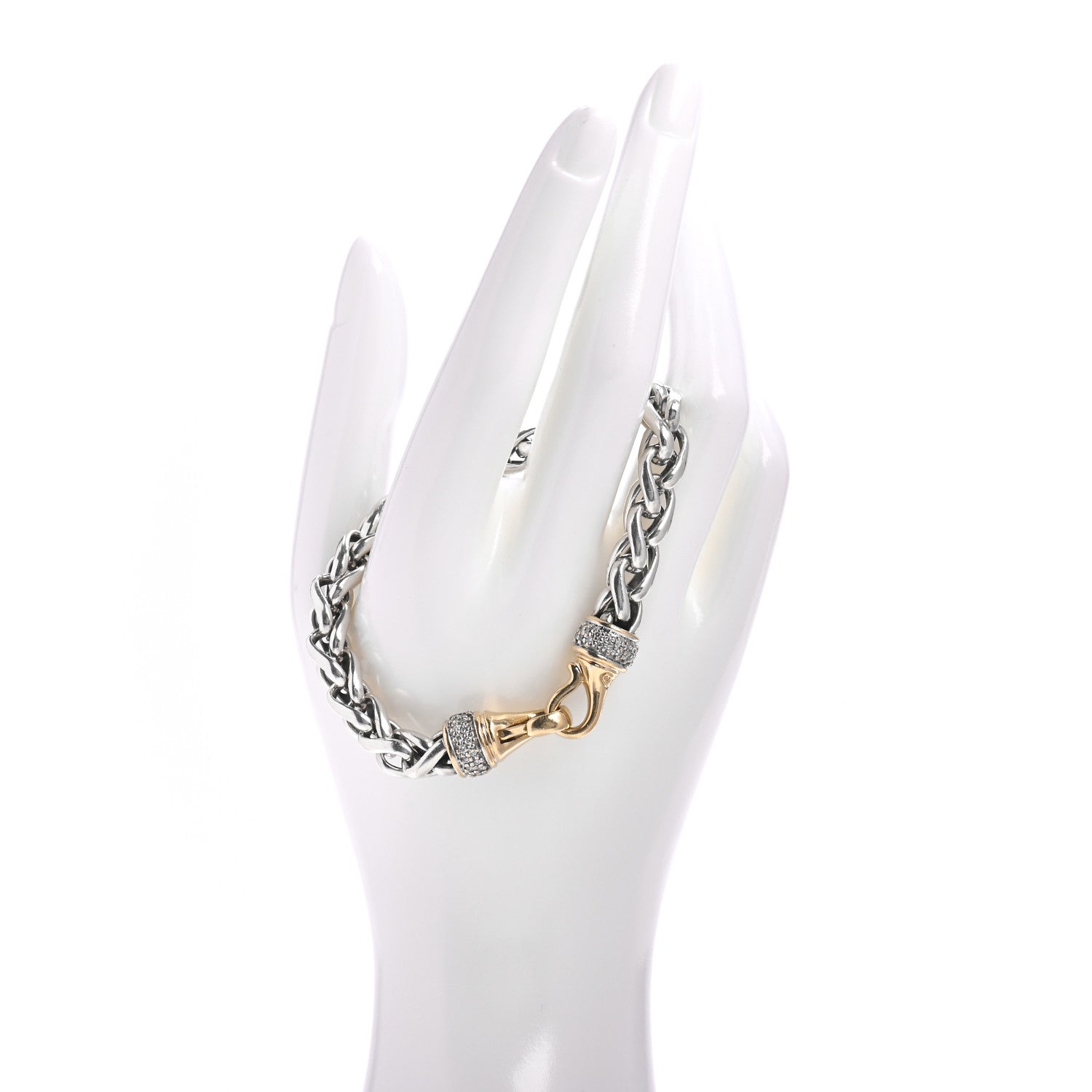 David Yurman Sterling Silver 18K Yellow Gold Diamond Wheat Buckle Bracelet 2 of 4