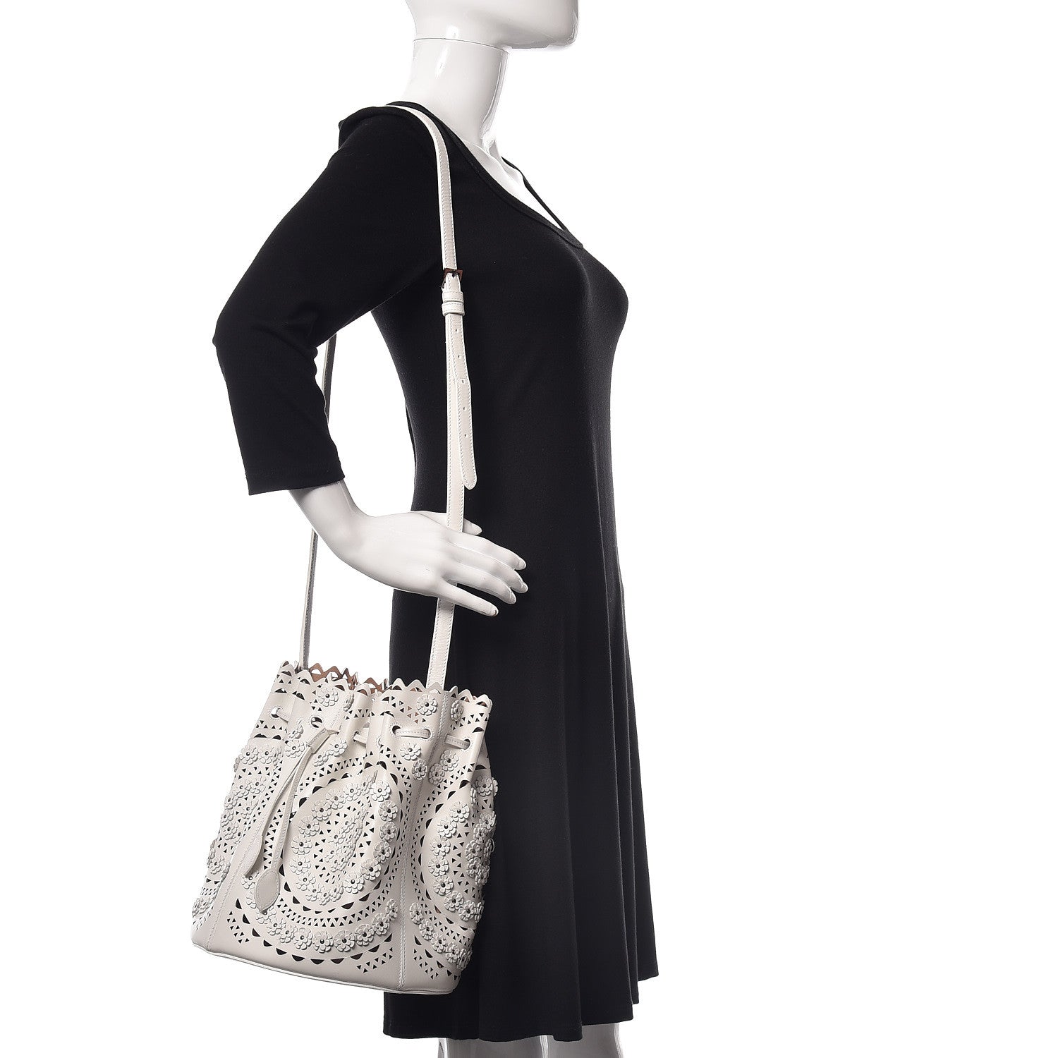 Alaia Calfskin Lux Laser Cut Studded Shoulder Bag White 2 of 14
