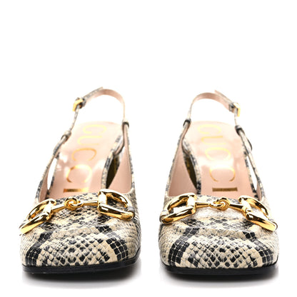 Gucci Calfskin Snakeskin Print Horsebit 75mm Slingback Pumps 36 Beige Avana 2 of 7